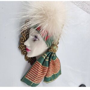 Vintage Art Deco Lady Face Brooch Faux Fur Turban Christmas Portrait Pin
